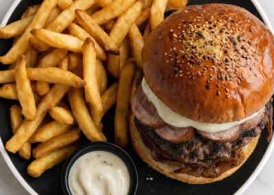 Burger Le Jurassien et assiette de frites